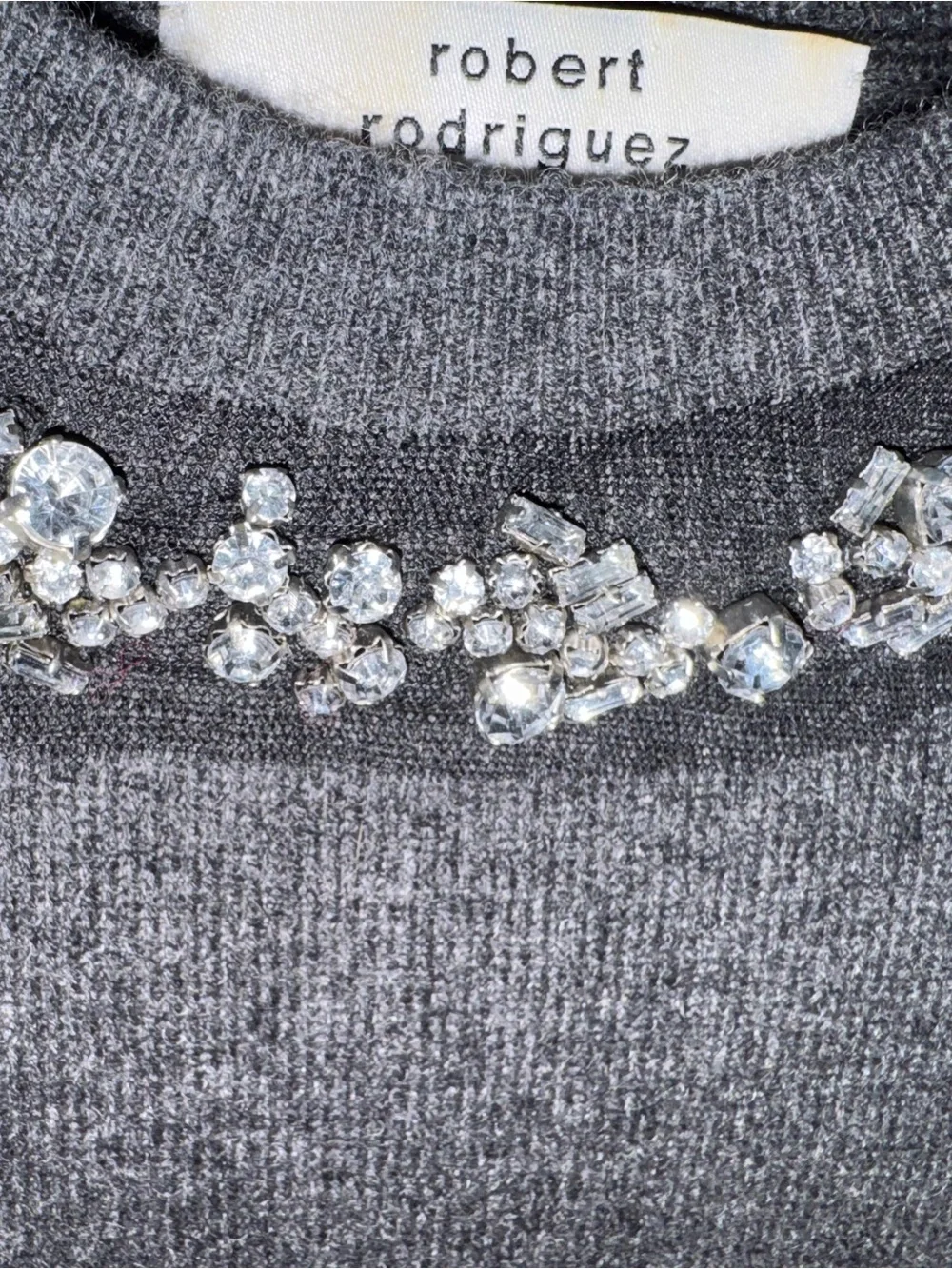 Robert Rodriguez Charcoal Crewneck Sweater with Crystal Embellished Neckline